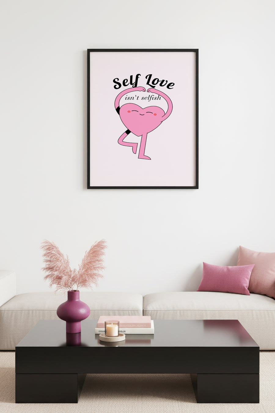 Doğal Ahşap Çerçeveli Self Love Kalp Tablo - Retro Pop Art Tasarım | huhu2748
