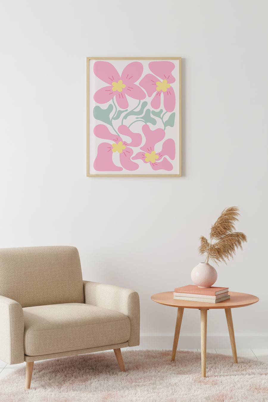 Doğal Ahşap Çerçeveli Retro Tablo - Pembe Çiçek Desenli | huhu2749