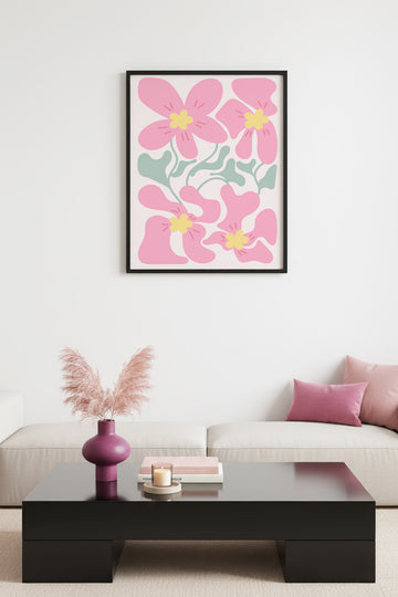 Doğal Ahşap Çerçeveli Retro Tablo - Pembe Çiçek Desenli | huhu2749