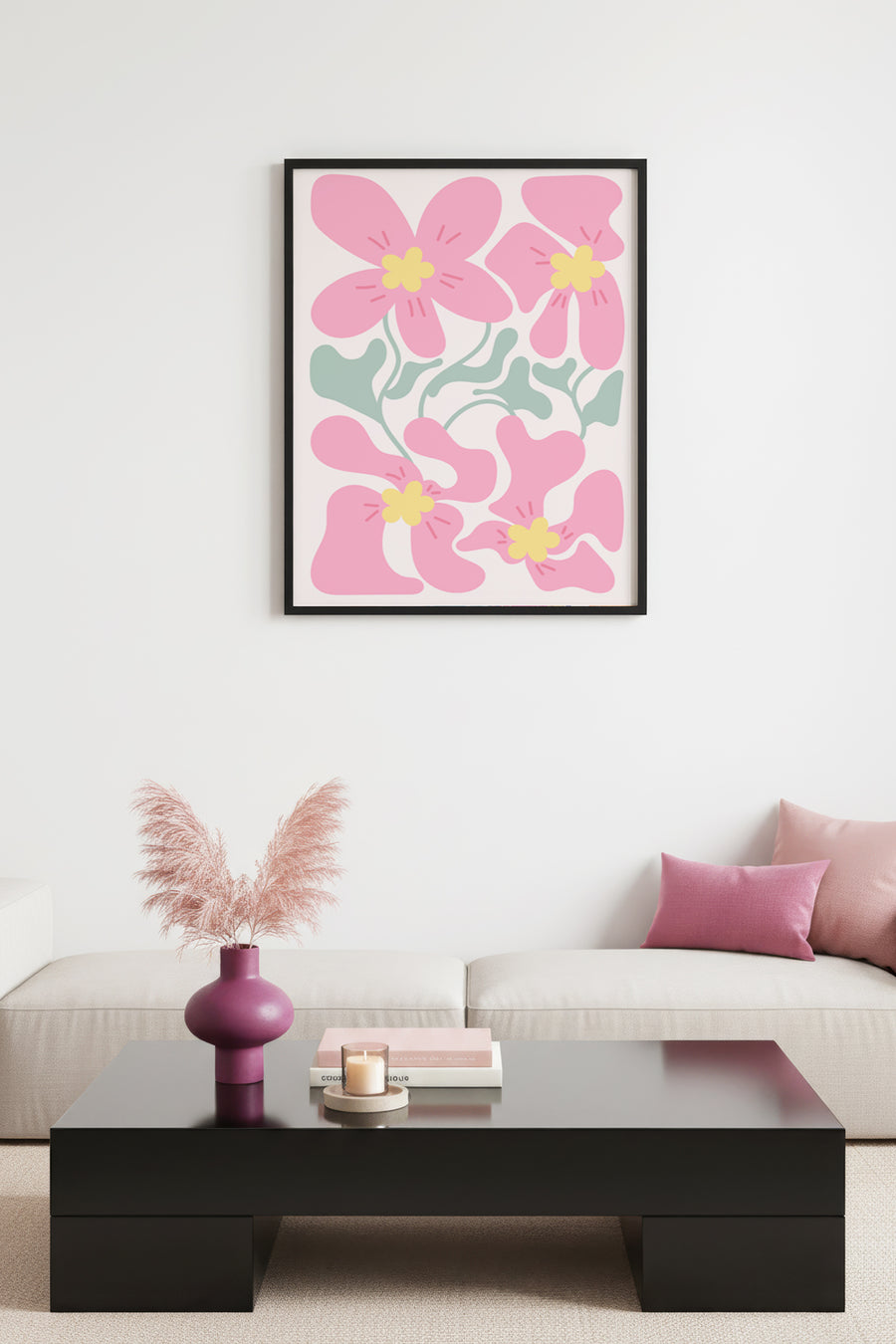 Doğal Ahşap Çerçeveli Retro Tablo - Pembe Çiçek Desenli | huhu2749