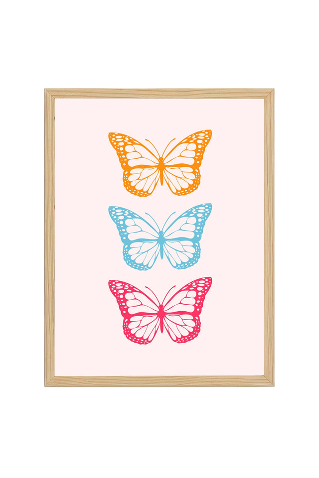 Doğal Ahşap Çerçeveli Retro Kelebek Tablo - Pastel Tonlarda Pop Art Dekorasyon | huhu2751