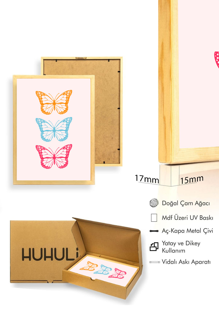 Doğal Ahşap Çerçeveli Retro Kelebek Tablo - Pastel Tonlarda Pop Art Dekorasyon | huhu2751