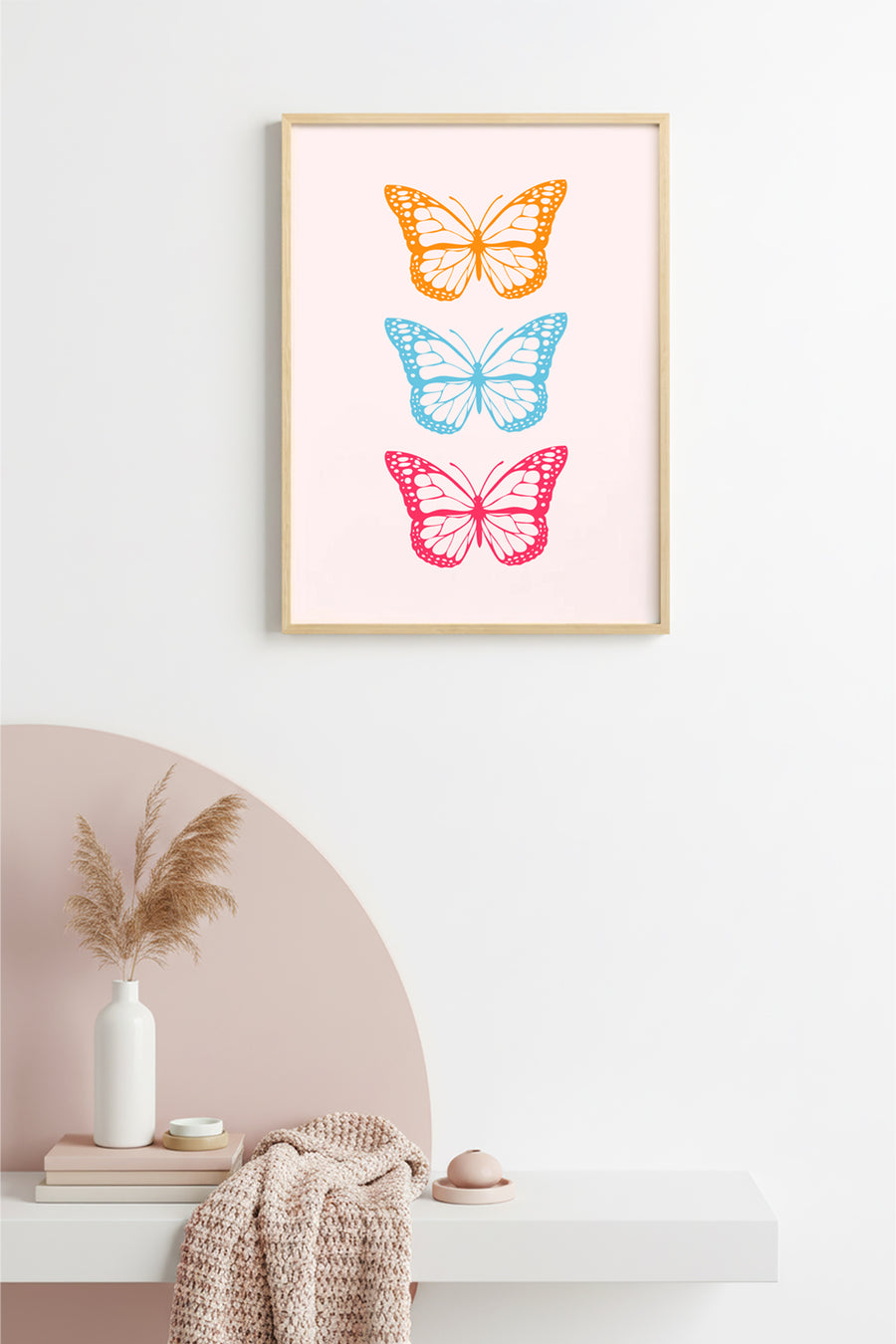 Doğal Ahşap Çerçeveli Retro Kelebek Tablo - Pastel Tonlarda Pop Art Dekorasyon | huhu2751