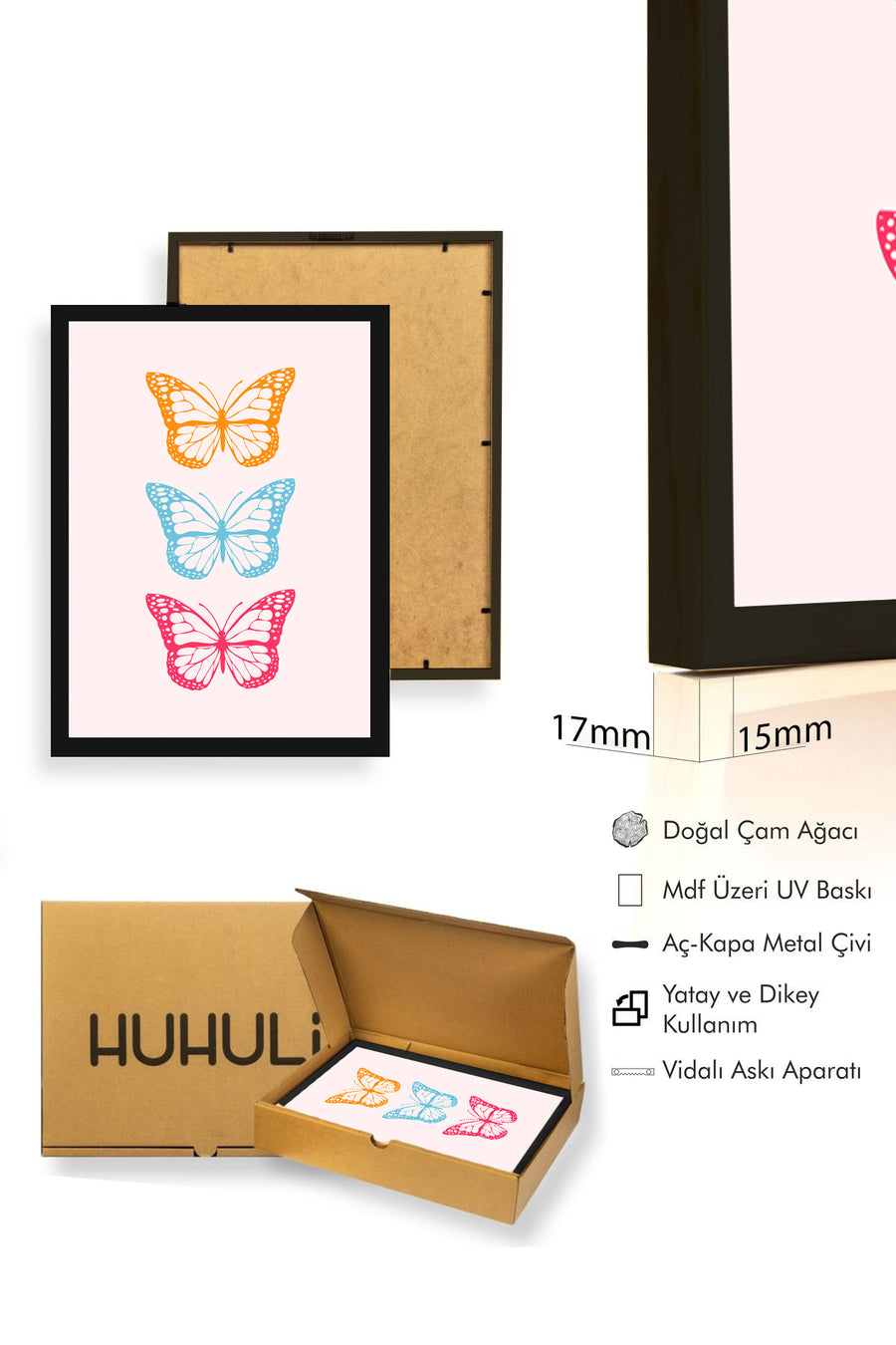 Doğal Ahşap Çerçeveli Retro Kelebek Tablo - Pastel Tonlarda Pop Art Dekorasyon | huhu2751