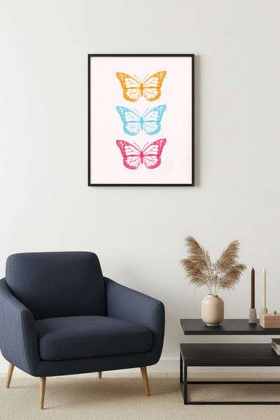 Doğal Ahşap Çerçeveli Retro Kelebek Tablo - Pastel Tonlarda Pop Art Dekorasyon | huhu2751