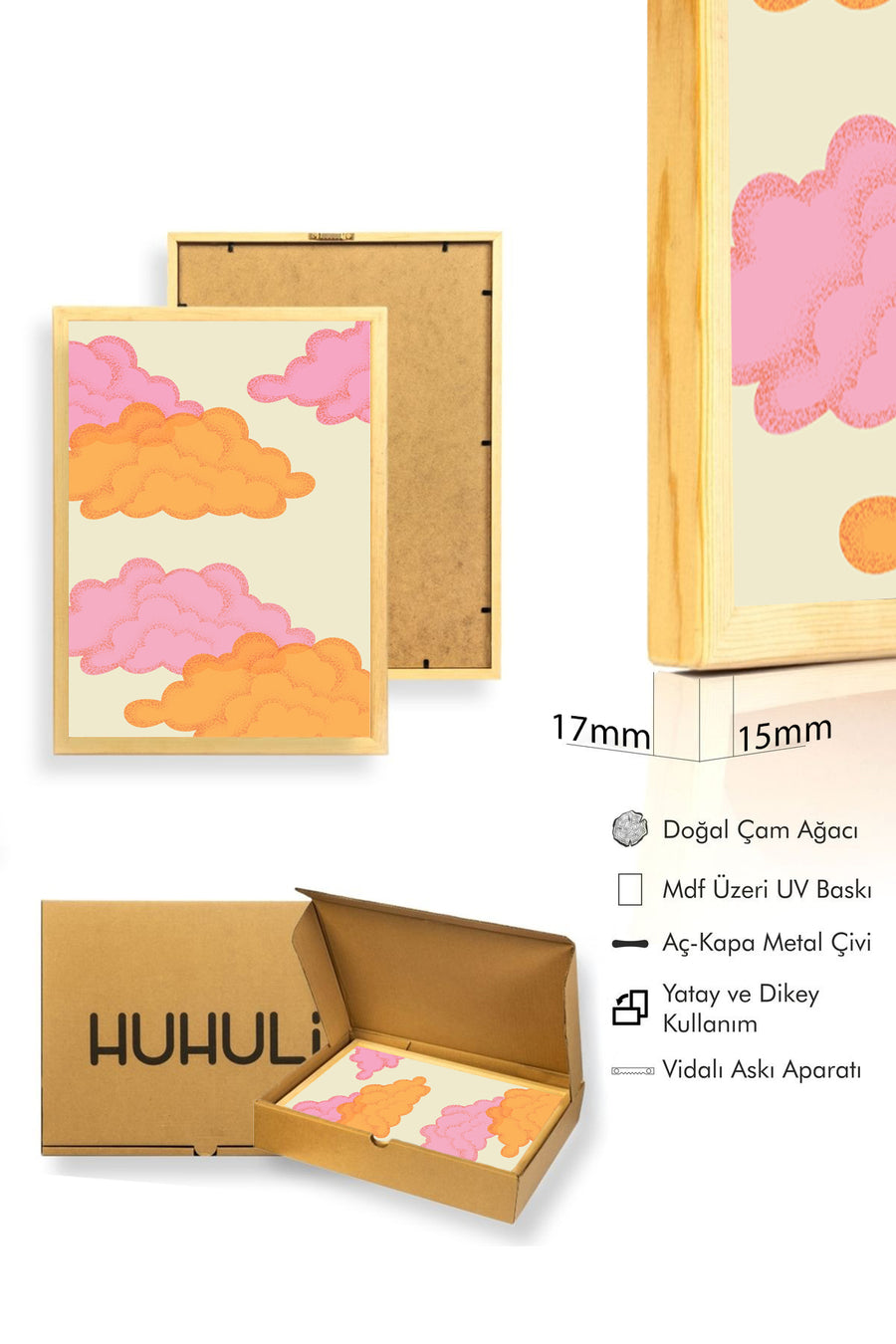 Doğal Ahşap Çerçeveli Retro Bulut Desenli Tablo - Pembe ve Turuncu Tonlar | huhu2752