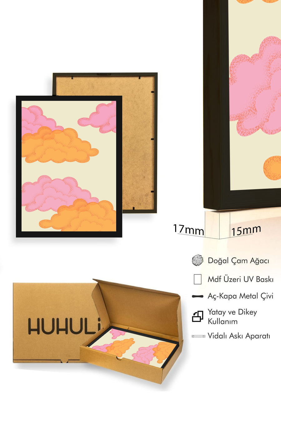 Doğal Ahşap Çerçeveli Retro Bulut Desenli Tablo - Pembe ve Turuncu Tonlar | huhu2752