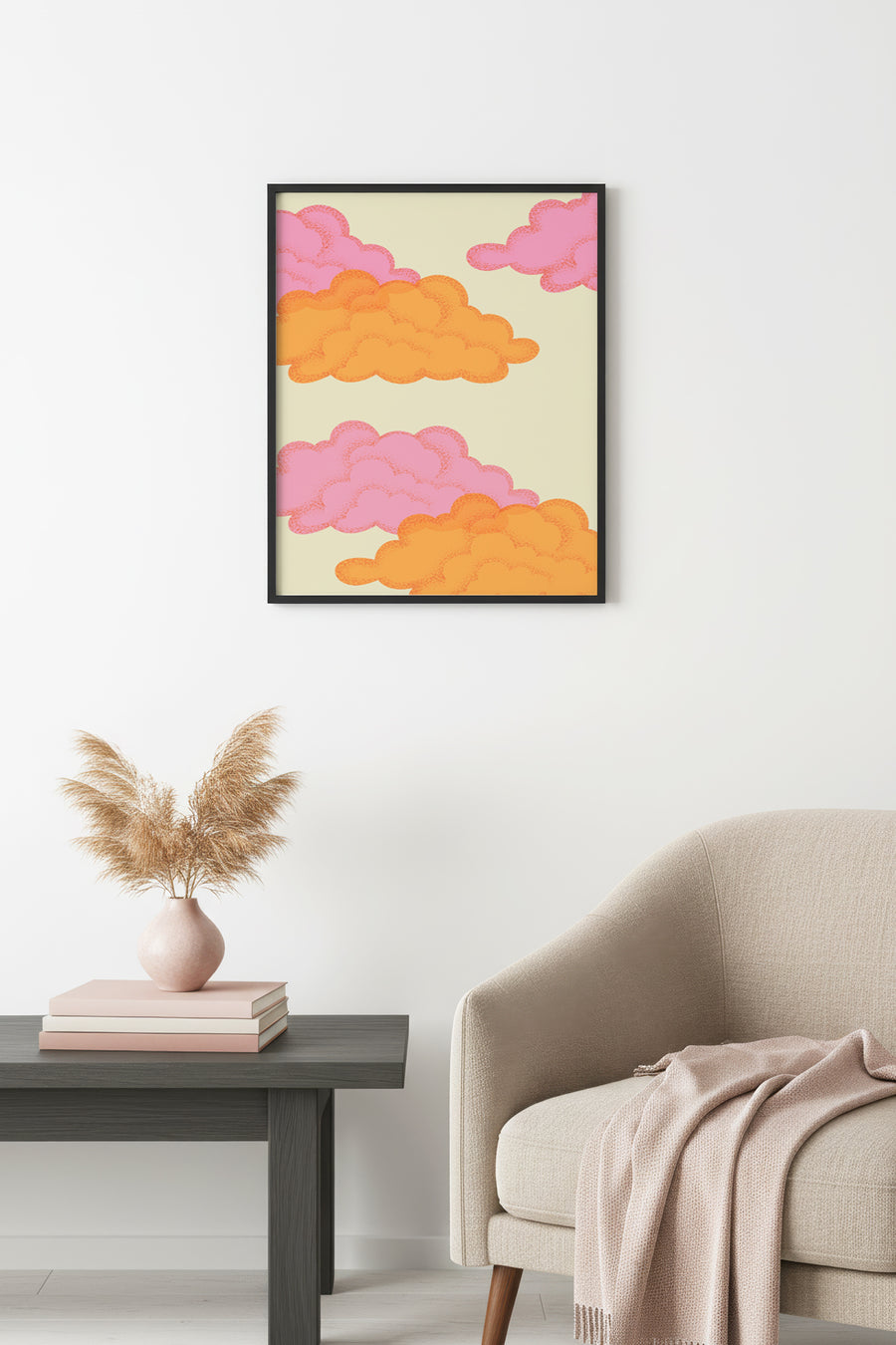 Doğal Ahşap Çerçeveli Retro Bulut Desenli Tablo - Pembe ve Turuncu Tonlar | huhu2752