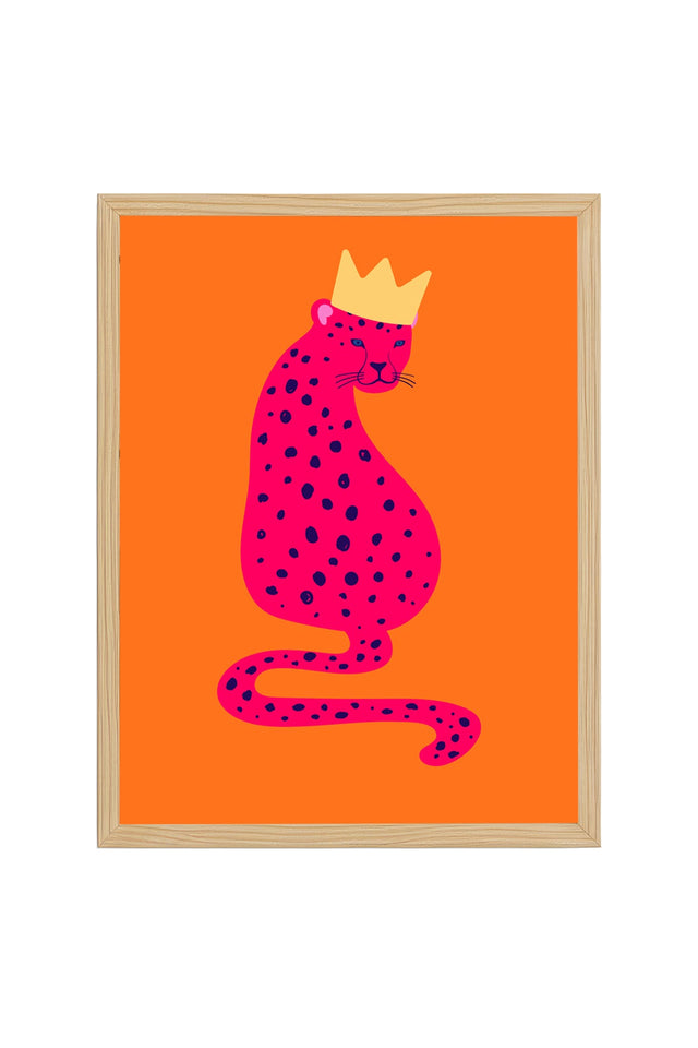 Doğal Ahşap Çerçeveli Pop Art Leopar Kraliçe Tablo - Pembe Tonlar | huhu2754