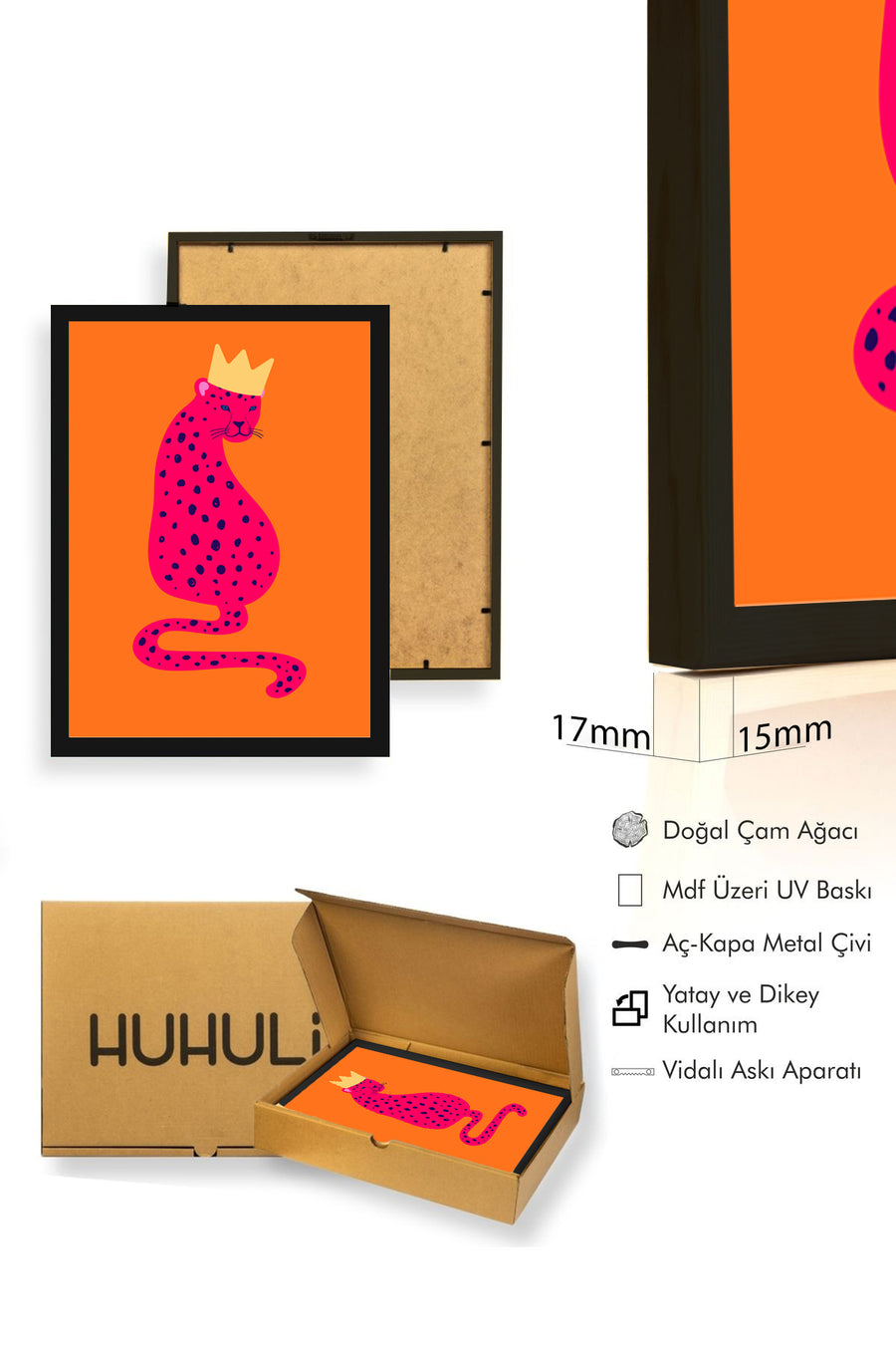 Doğal Ahşap Çerçeveli Pop Art Leopar Kraliçe Tablo - Pembe Tonlar | huhu2754