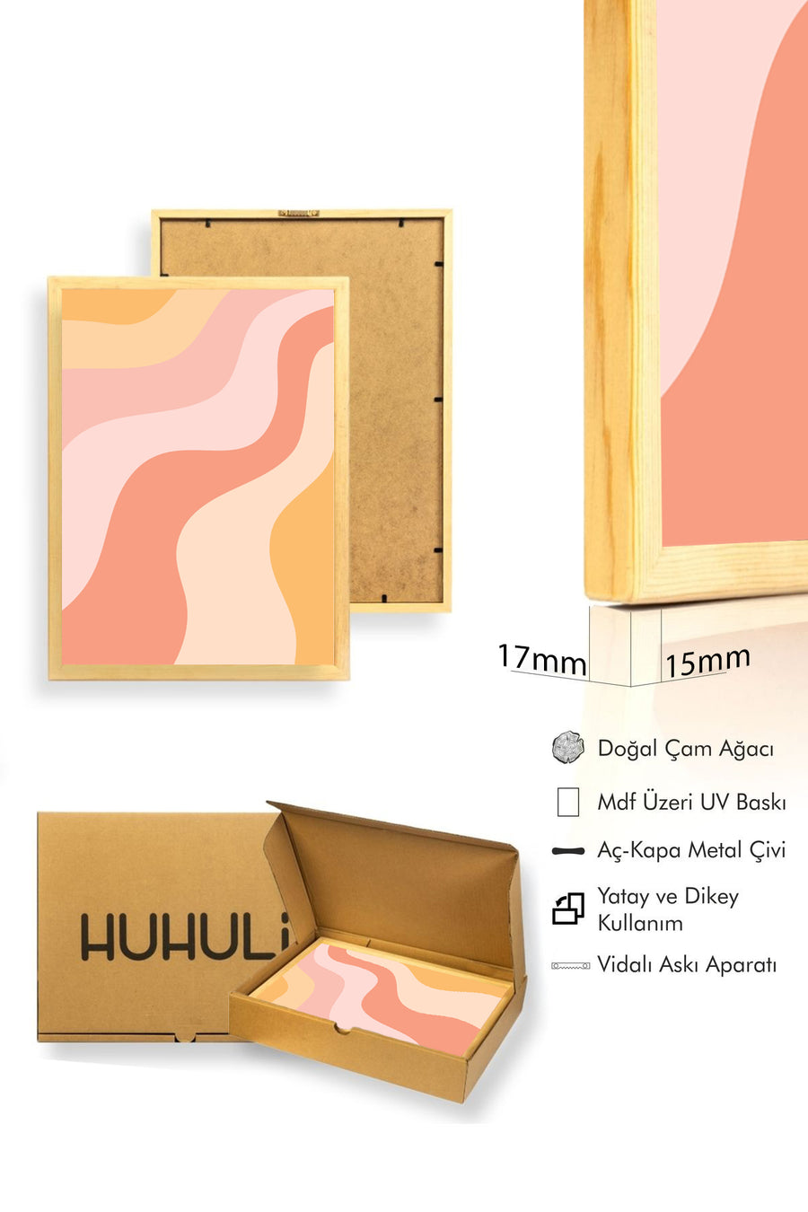 Doğal Ahşap Çerçeveli Soyut Dalga Desenli Tablo - Pastel Tonlar | huhu2756
