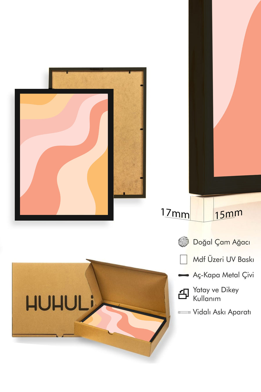 Doğal Ahşap Çerçeveli Soyut Dalga Desenli Tablo - Pastel Tonlar | huhu2756