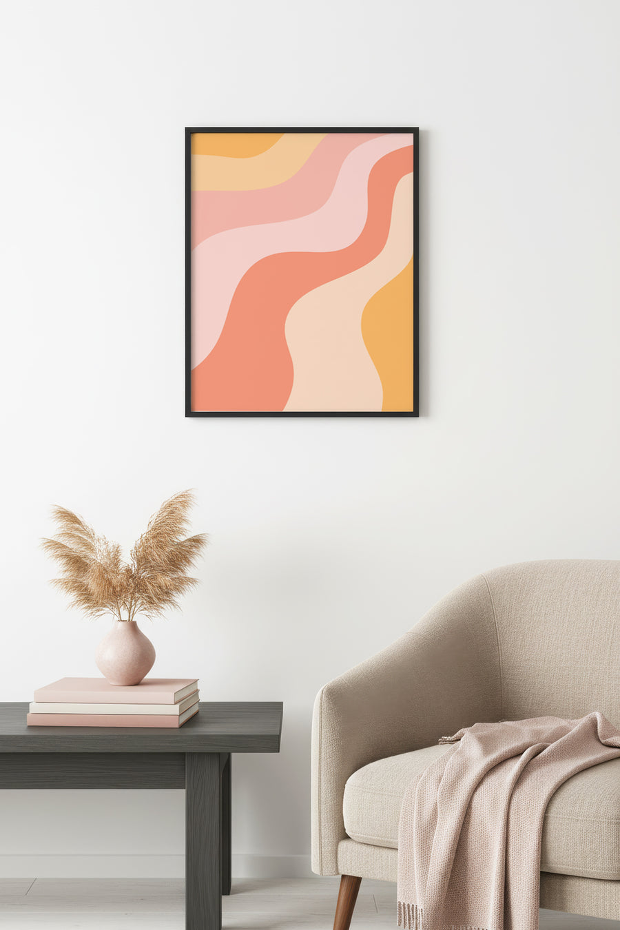 Doğal Ahşap Çerçeveli Soyut Dalga Desenli Tablo - Pastel Tonlar | huhu2756