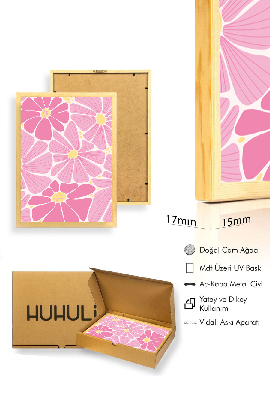 Doğal Ahşap Çerçeveli Retro Pembe Çiçekli Tablo - Boho Floral Desen | huhu2757