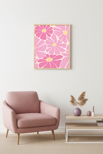 Doğal Ahşap Çerçeveli Retro Pembe Çiçekli Tablo - Boho Floral Desen | huhu2757