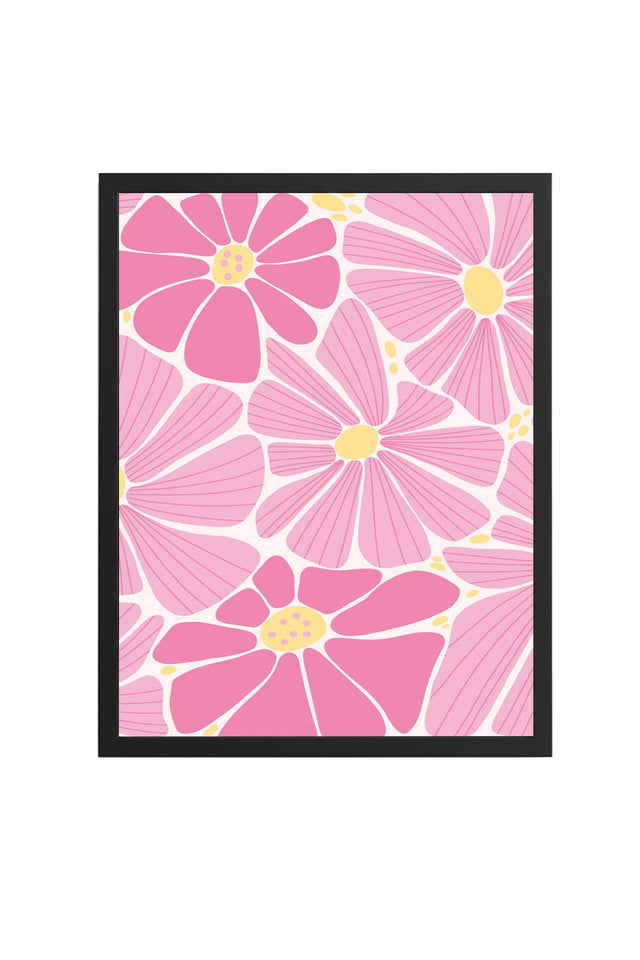 Doğal Ahşap Çerçeveli Retro Pembe Çiçekli Tablo - Boho Floral Desen | huhu2757