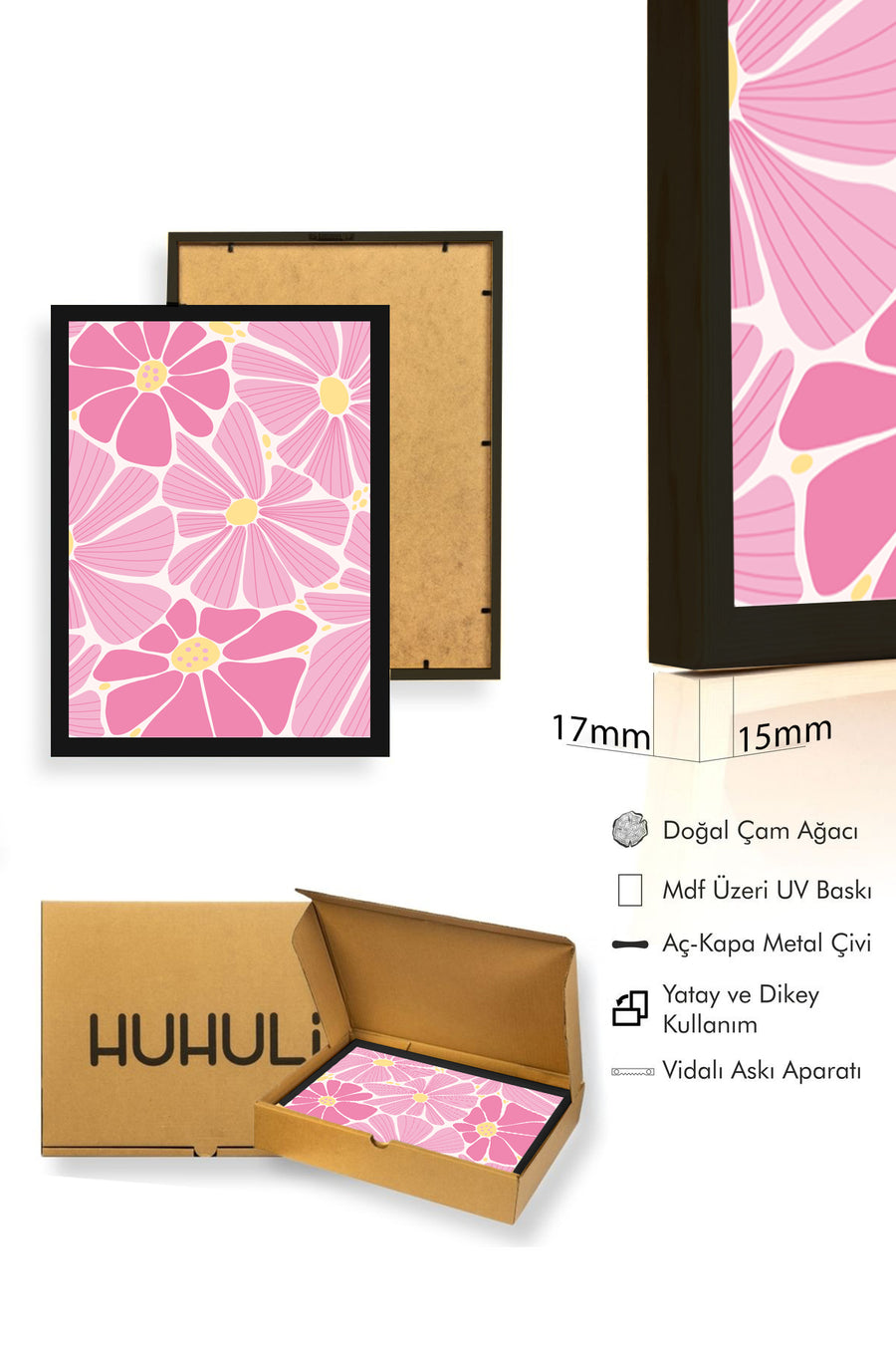 Doğal Ahşap Çerçeveli Retro Pembe Çiçekli Tablo - Boho Floral Desen | huhu2757