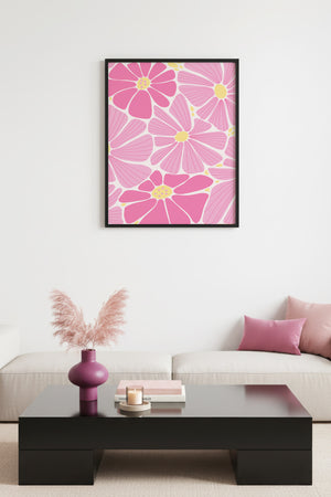 Doğal Ahşap Çerçeveli Retro Pembe Çiçekli Tablo - Boho Floral Desen | huhu2757