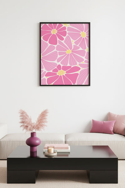 Doğal Ahşap Çerçeveli Retro Pembe Çiçekli Tablo - Boho Floral Desen | huhu2757