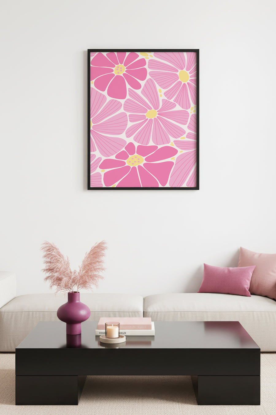 Doğal Ahşap Çerçeveli Retro Pembe Çiçekli Tablo - Boho Floral Desen | huhu2757