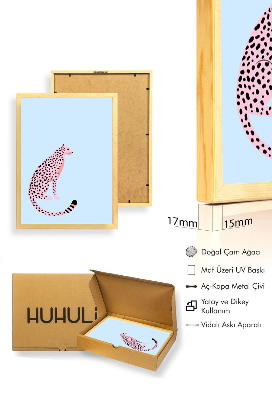 Doğal Ahşap Çerçeveli Retro Leopar Tablo - Pembe Nokta Hayvan Figürü | huhu2760