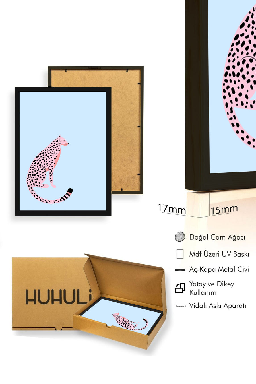 Doğal Ahşap Çerçeveli Retro Leopar Tablo - Pembe Nokta Hayvan Figürü | huhu2760