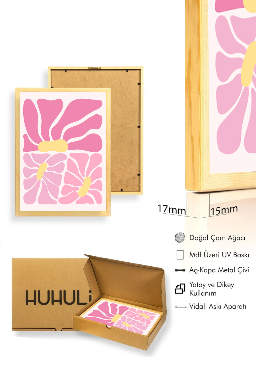 Doğal Ahşap Çerçeveli Retro Soyut Tablo - Pembe ve Sarı Çiçek Desenli Duvar Dekoru | huhu2764