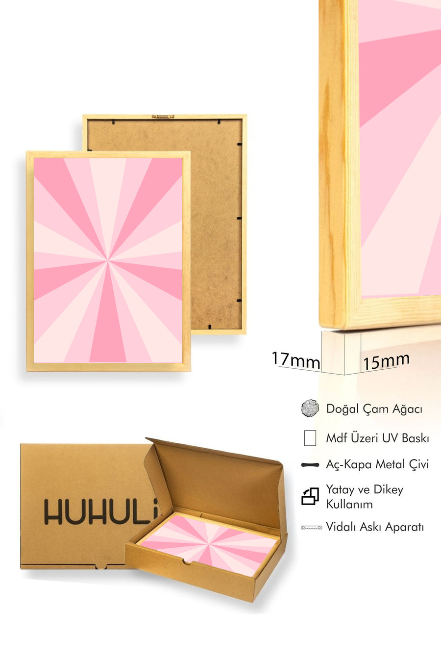Doğal Ahşap Çerçeveli Retro Soyut Tablo - Pastel Pembe Tonlar | huhu2766