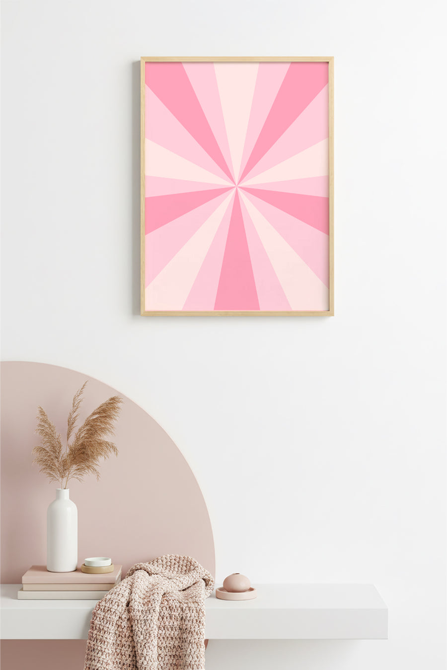 Doğal Ahşap Çerçeveli Retro Soyut Tablo - Pastel Pembe Tonlar | huhu2766