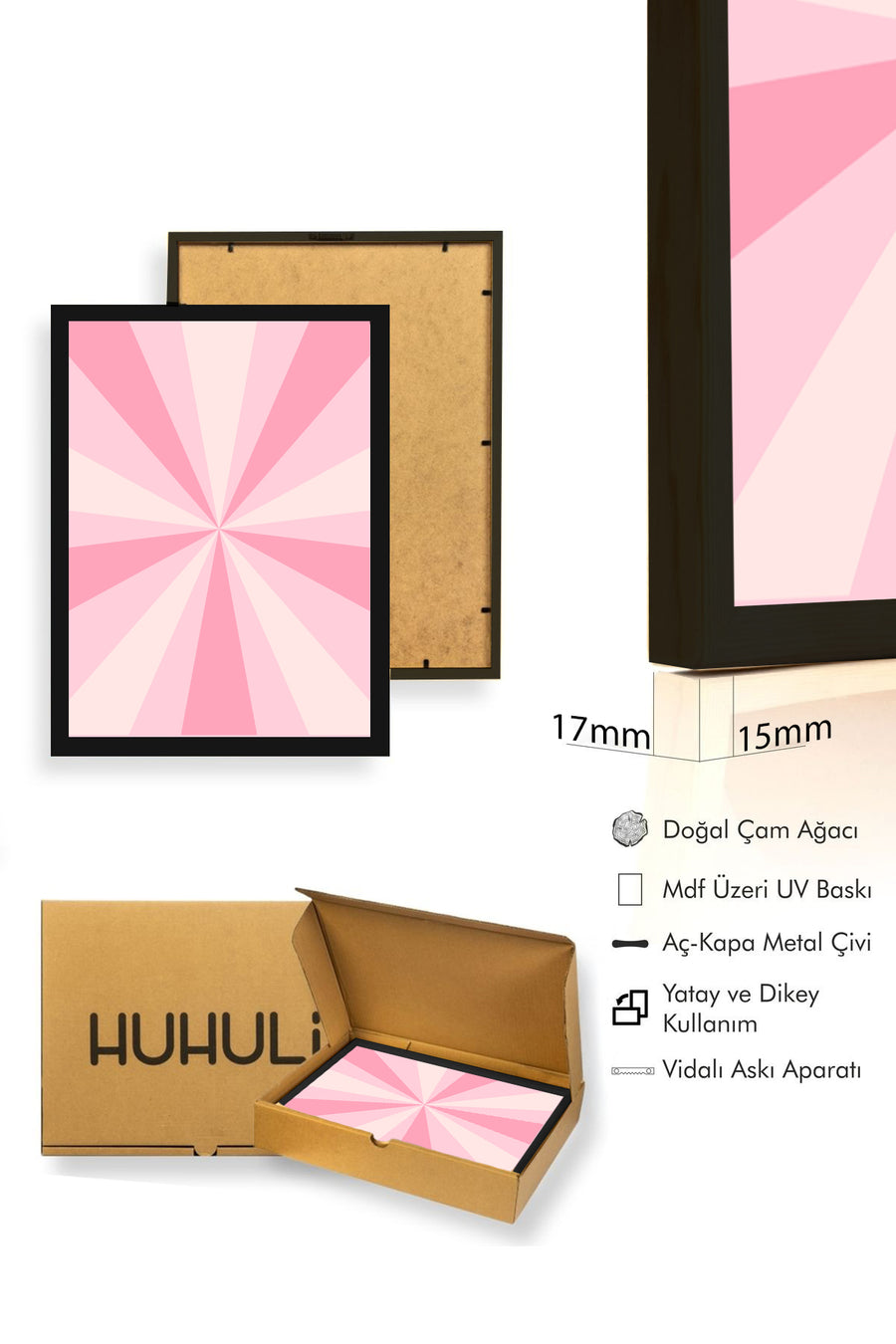 Doğal Ahşap Çerçeveli Retro Soyut Tablo - Pastel Pembe Tonlar | huhu2766