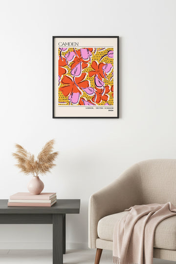 Doğal Ahşap Çerçeveli Retro Çiçekli Tablo - Pop Art Desenli | huhu2767