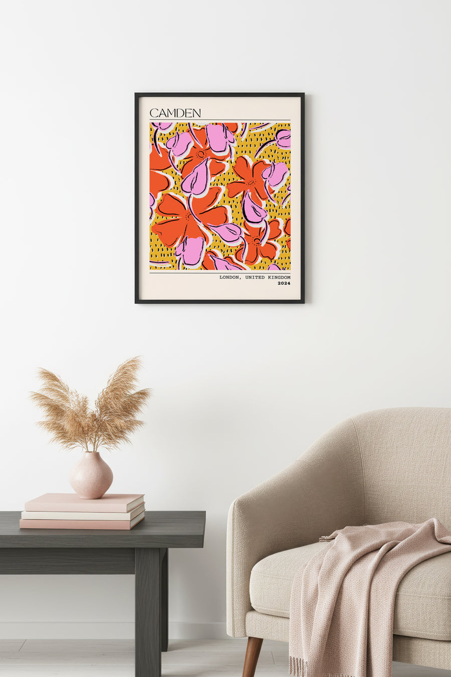 Doğal Ahşap Çerçeveli Retro Çiçekli Tablo - Pop Art Desenli | huhu2767