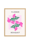 Doğal Ahşap Çerçeveli Retro Floral Tablo - Pembe ve Yeşil Çiçek Buketi | huhu2768