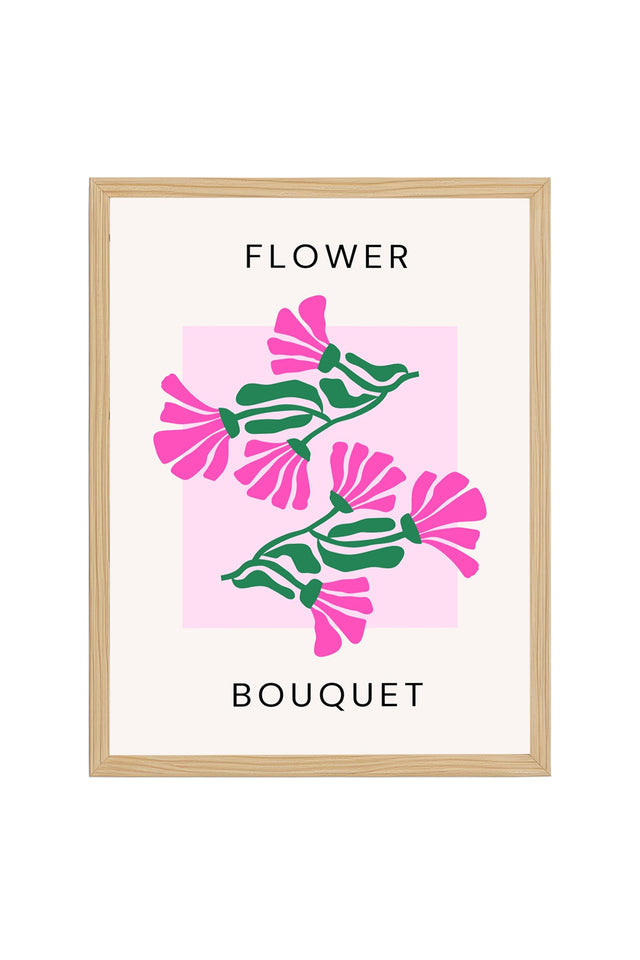 Doğal Ahşap Çerçeveli Retro Floral Tablo - Pembe ve Yeşil Çiçek Buketi | huhu2768
