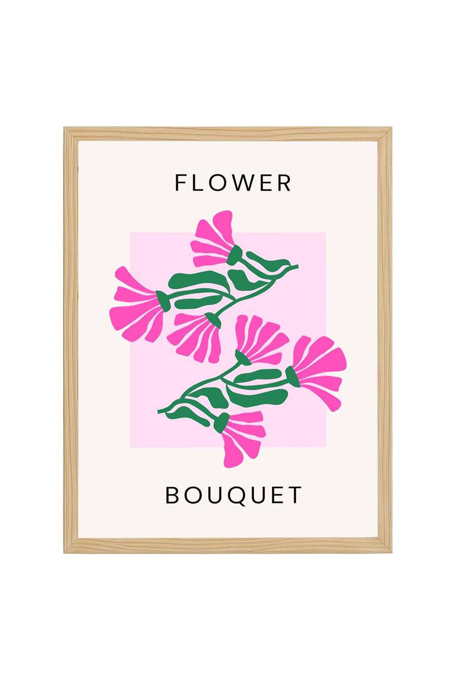 Doğal Ahşap Çerçeveli Retro Floral Tablo - Pembe ve Yeşil Çiçek Buketi | huhu2768