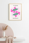 Doğal Ahşap Çerçeveli Retro Floral Tablo - Pembe ve Yeşil Çiçek Buketi | huhu2768
