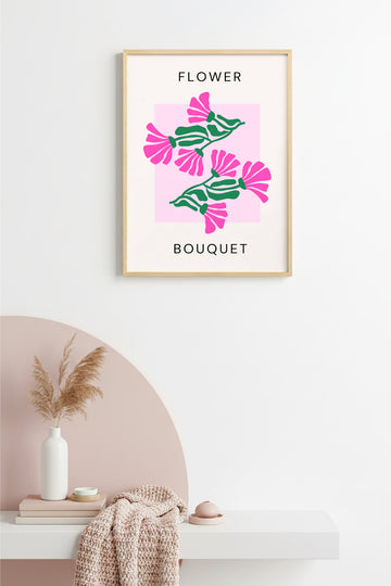 Doğal Ahşap Çerçeveli Retro Floral Tablo - Pembe ve Yeşil Çiçek Buketi | huhu2768