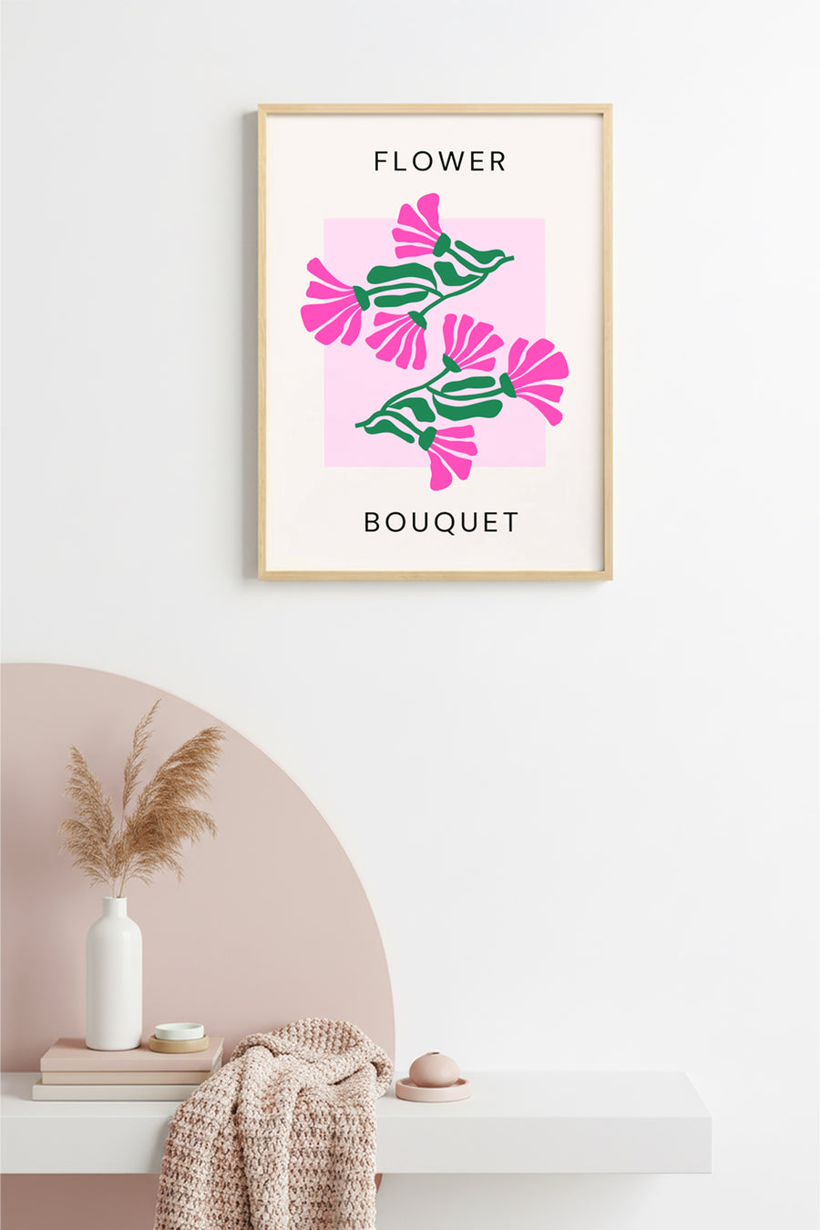 Doğal Ahşap Çerçeveli Retro Floral Tablo - Pembe ve Yeşil Çiçek Buketi | huhu2768