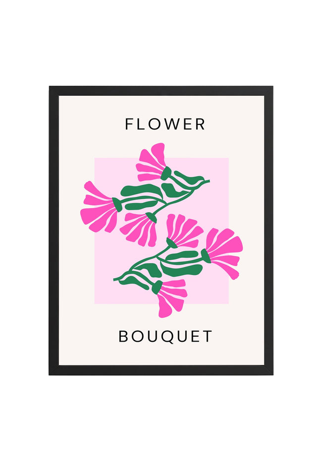 Doğal Ahşap Çerçeveli Retro Floral Tablo - Pembe ve Yeşil Çiçek Buketi | huhu2768