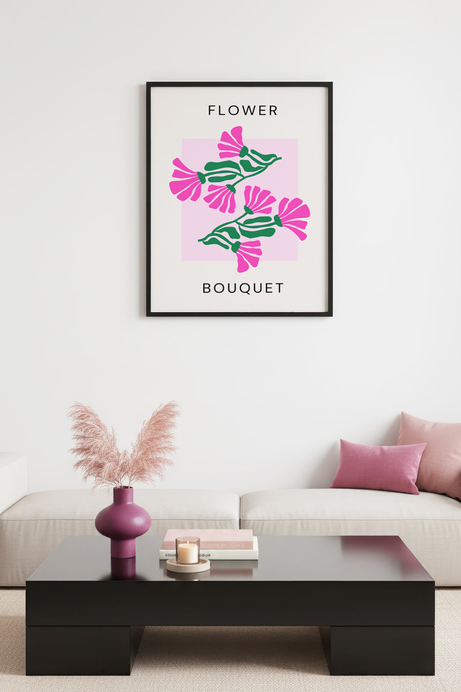 Doğal Ahşap Çerçeveli Retro Floral Tablo - Pembe ve Yeşil Çiçek Buketi | huhu2768