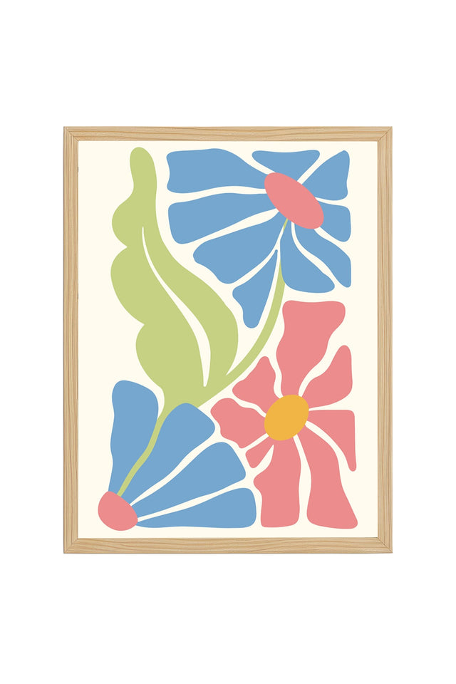Doğal Ahşap Çerçeveli Retro Floral Tablo - Boho Çiçekli Desenli | huhu2769