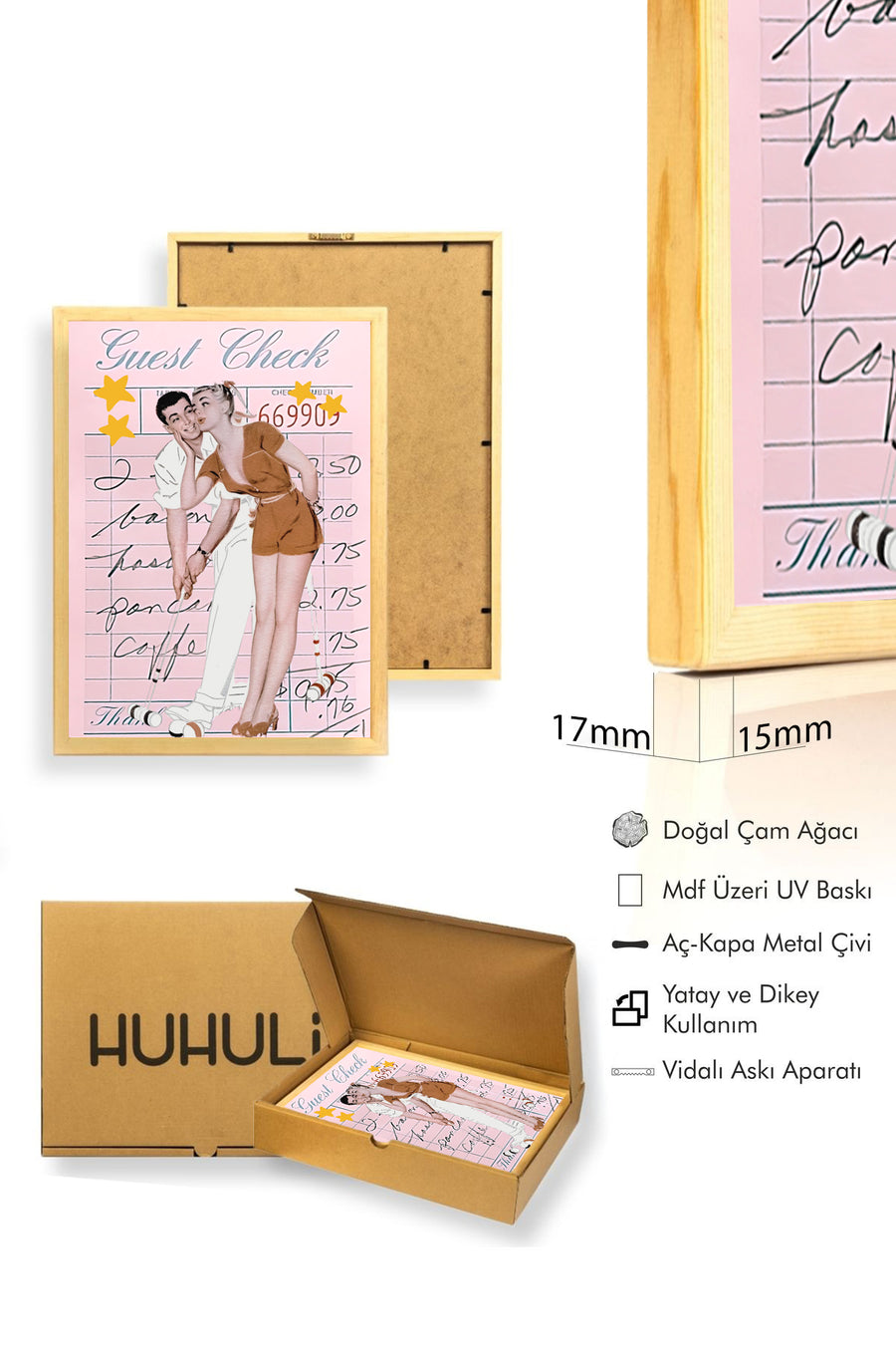 Doğal Ahşap Çerçeveli Retro Tablo - Vintage Çift Portre | huhu2771