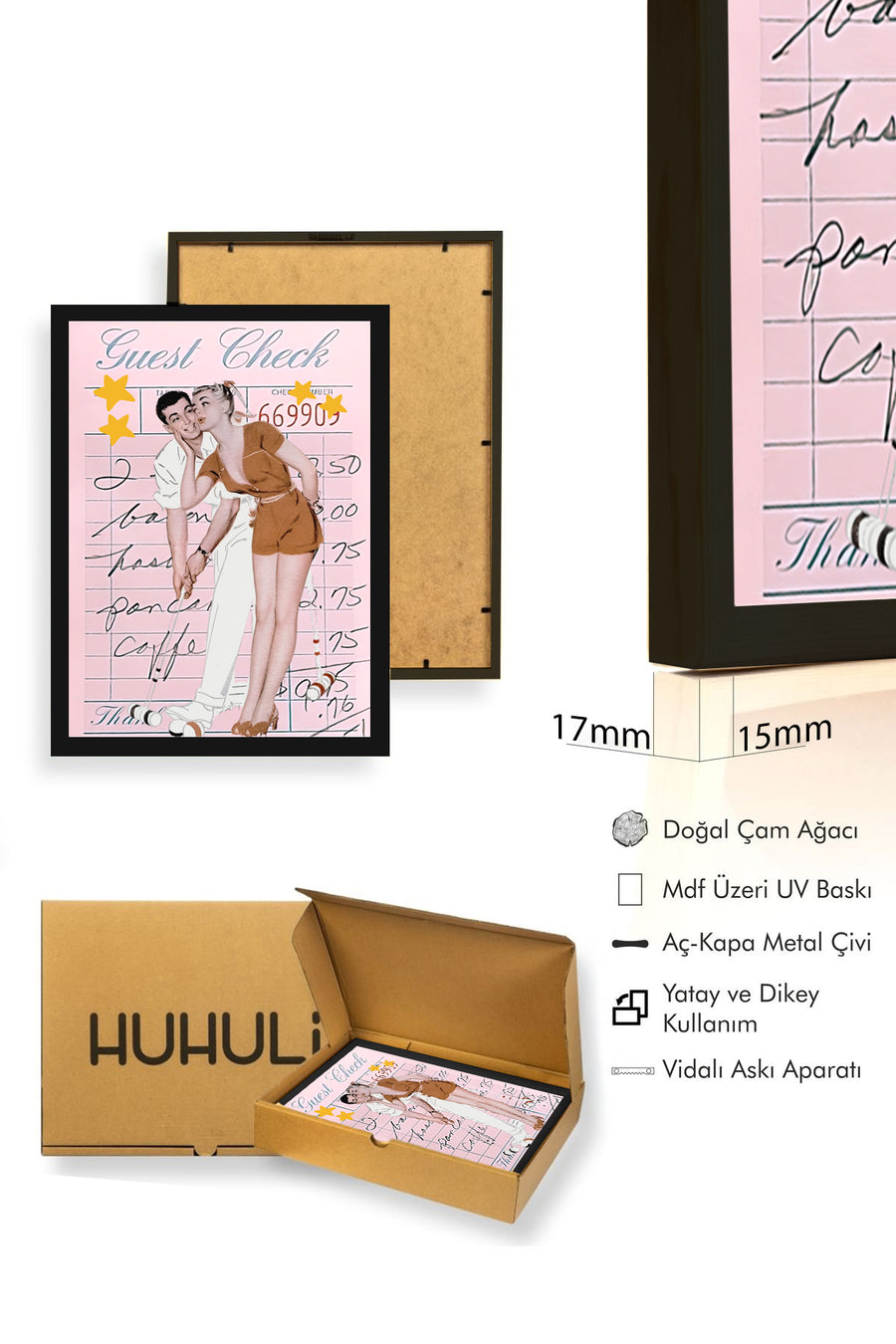 Doğal Ahşap Çerçeveli Retro Tablo - Vintage Çift Portre | huhu2771