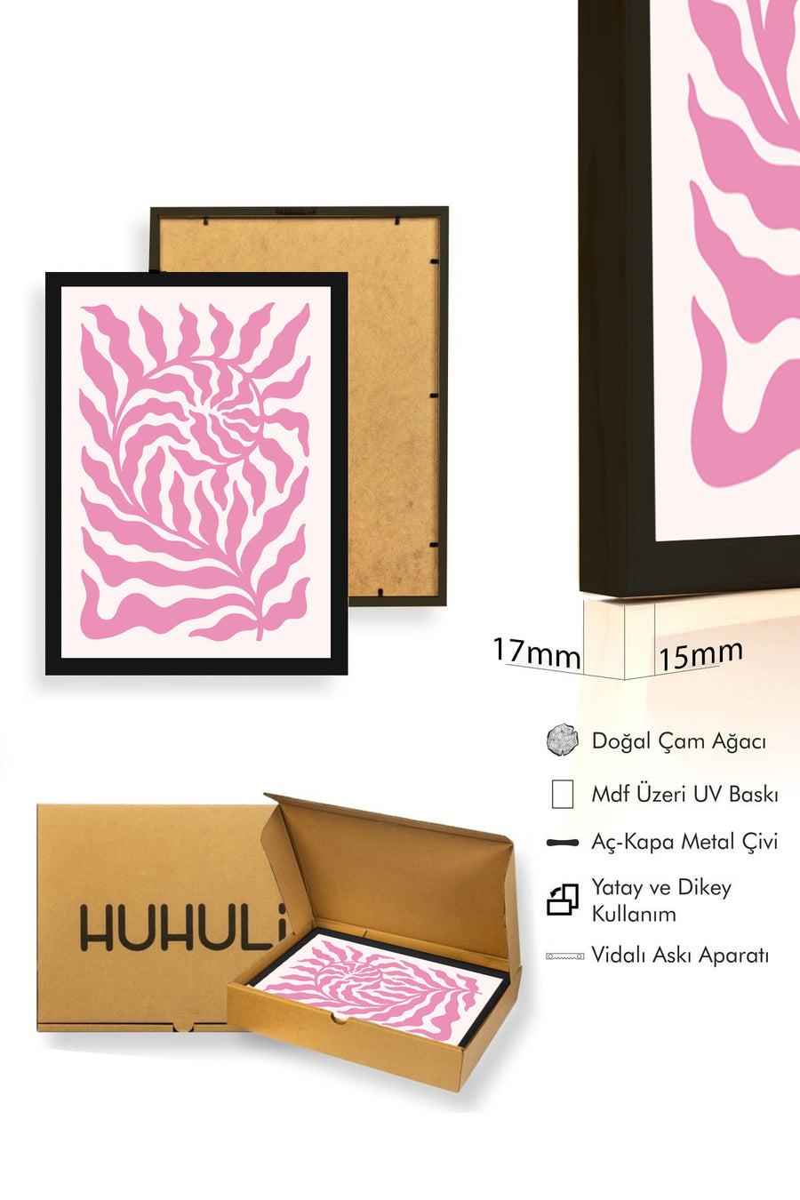Doğal Ahşap Çerçeveli Retro Tablo - Pembe Tropikal Soyut Yaprak | huhu2773