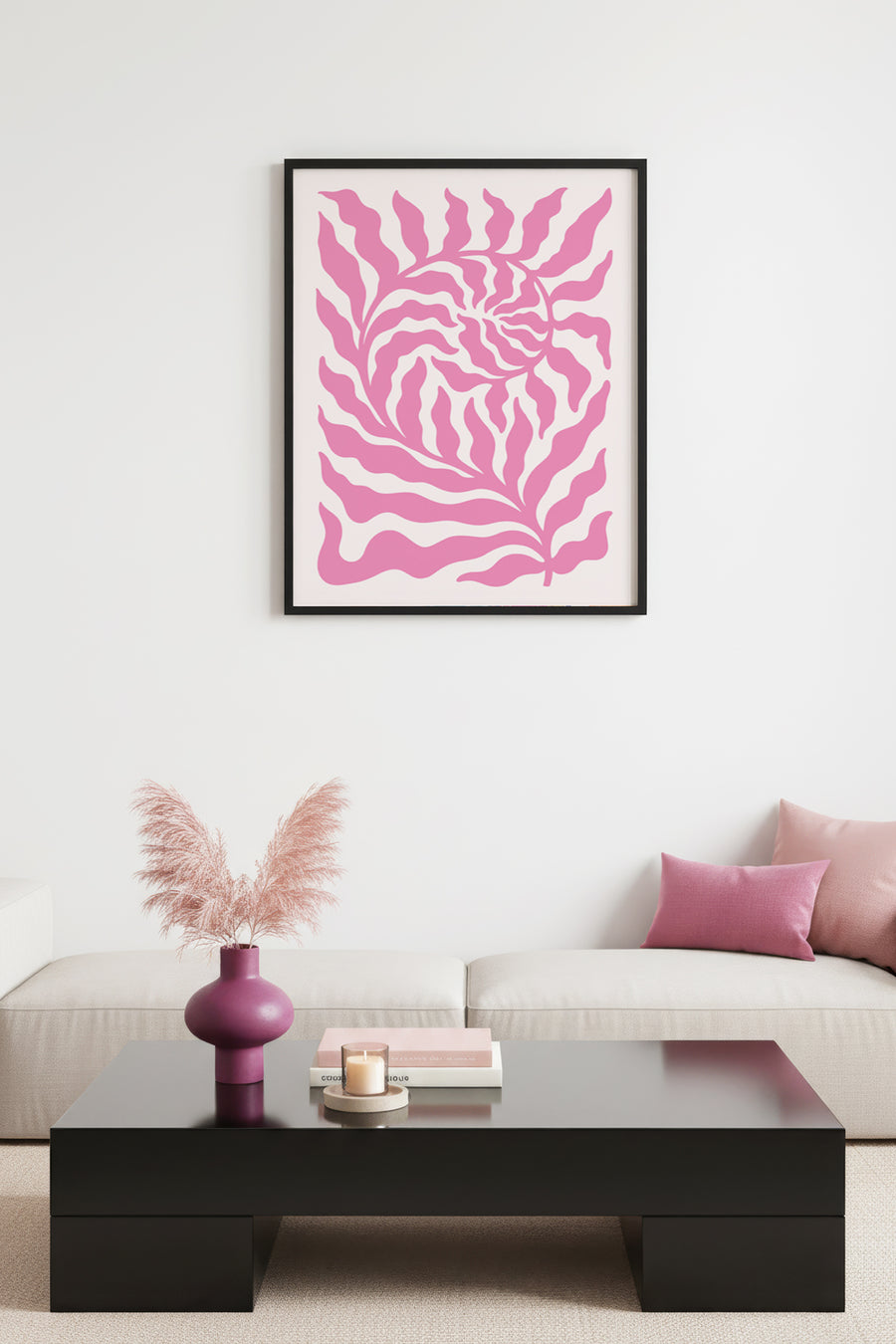 Doğal Ahşap Çerçeveli Retro Tablo - Pembe Tropikal Soyut Yaprak | huhu2773