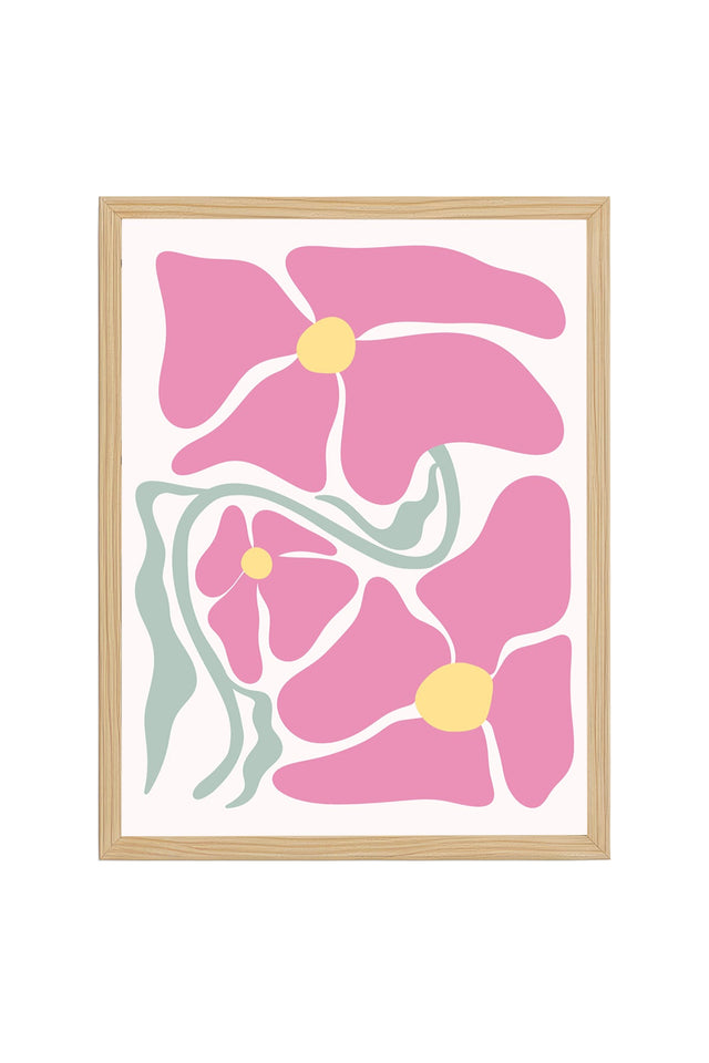 Doğal Ahşap Çerçeveli Retro Çiçek Desenli Tablo - Pastel Pembe Floral | huhu2776