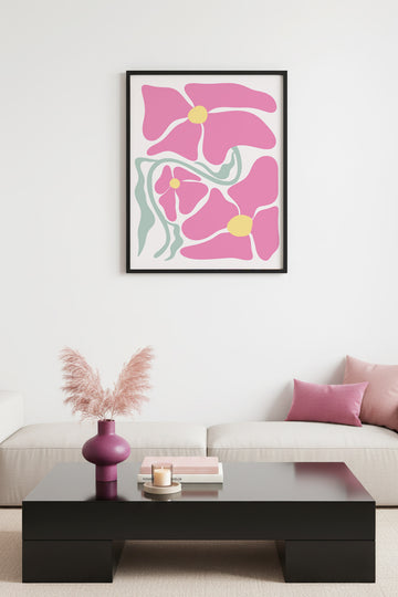 Doğal Ahşap Çerçeveli Retro Çiçek Desenli Tablo - Pastel Pembe Floral | huhu2776