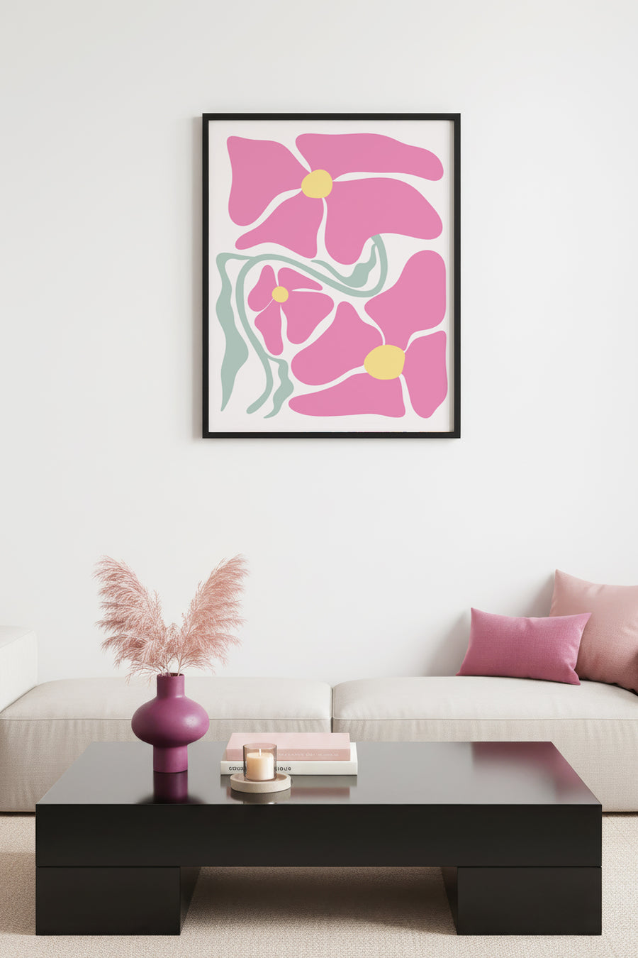 Doğal Ahşap Çerçeveli Retro Çiçek Desenli Tablo - Pastel Pembe Floral | huhu2776