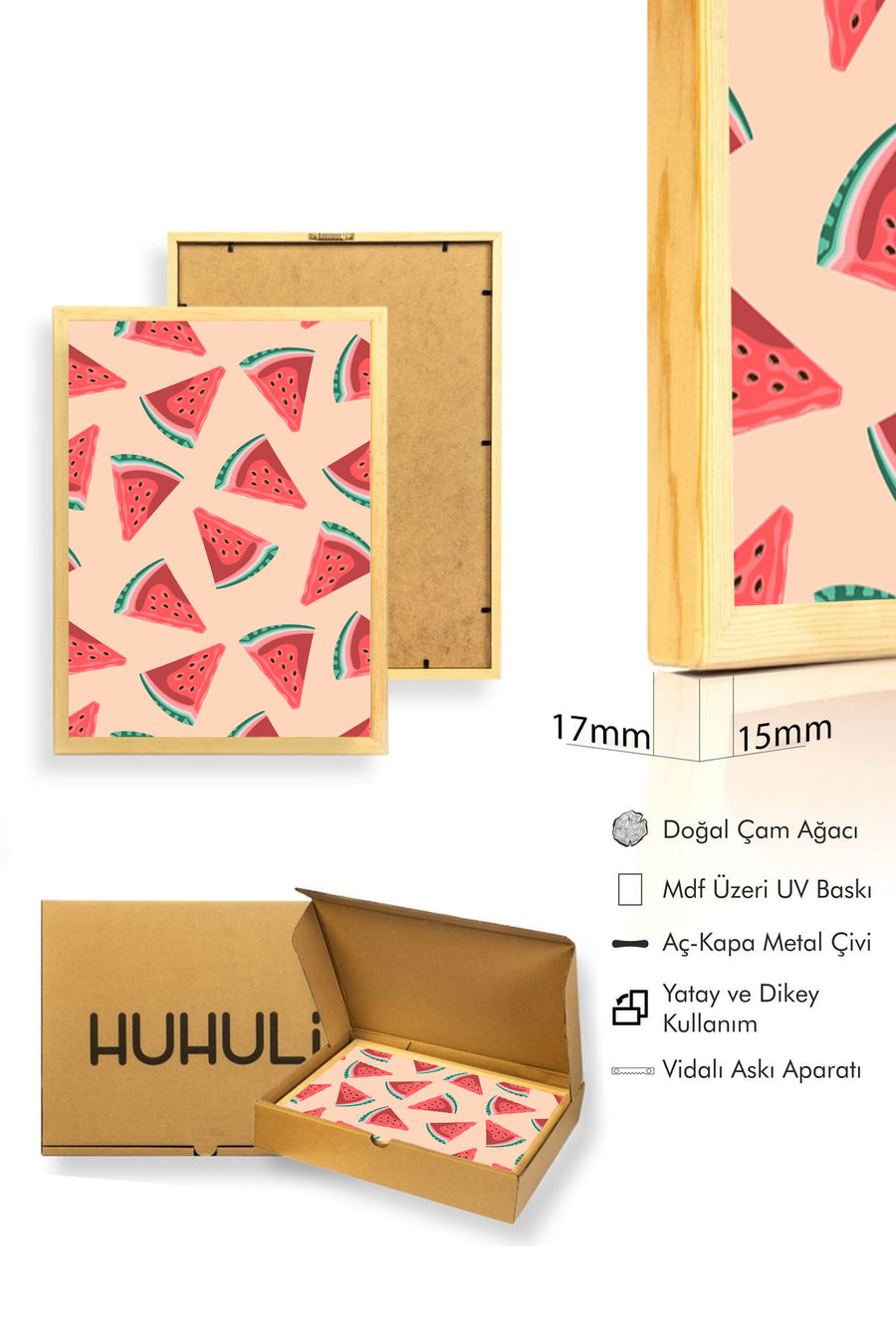 Doğal Ahşap Çerçeveli Karpuz Desenli Retro Tablo - Yazlık Mutfak Dekorasyonu | huhu2779