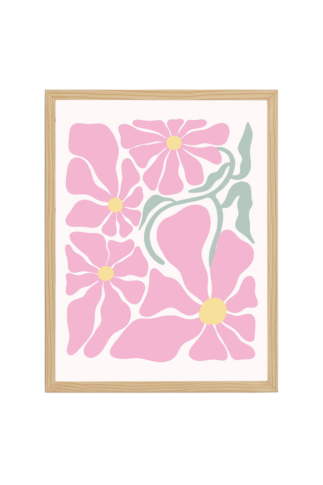 Doğal Ahşap Çerçeveli Retro Çiçek Desenli Tablo - Pastel Tonlar | huhu2780